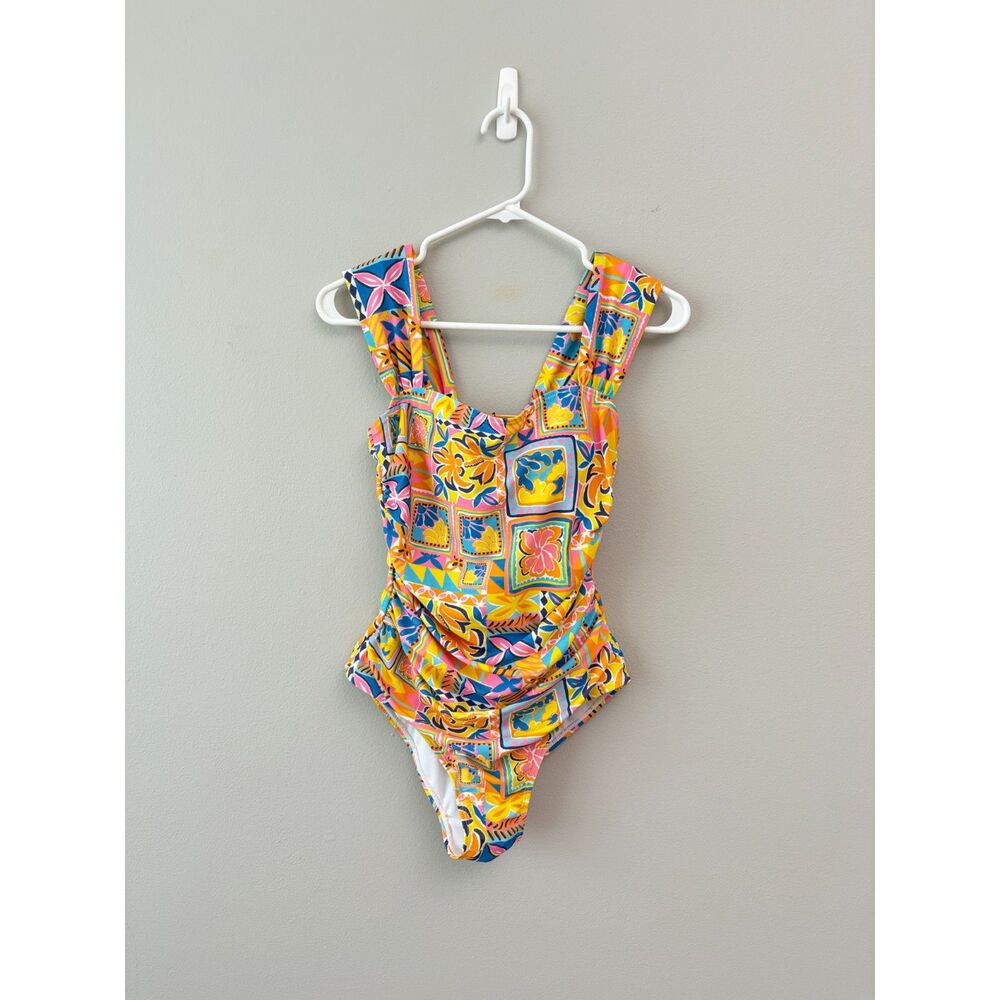 New Caribbean Joe Ruched Swimsuit Tropical Floral Yellow Med Beach Resort wear